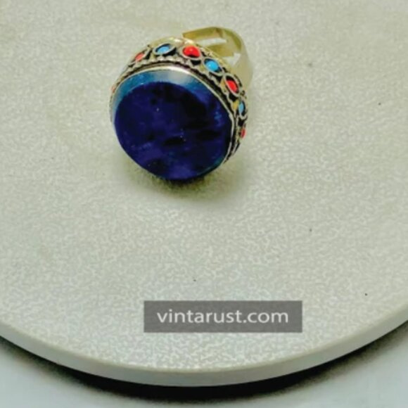 Lapis Stone Ring, Handmade Kuchi Ring, Tribal Ethnic Ring, Lapis Lazuli Jewelry, - Picture 2 of 11